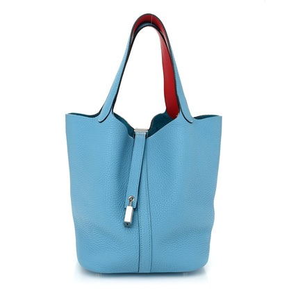 Hermes Taurillon Clemence Swift Eclat Picotin Lock 22 MM Bleu du Nord Rouge de Coeur 1 of 10