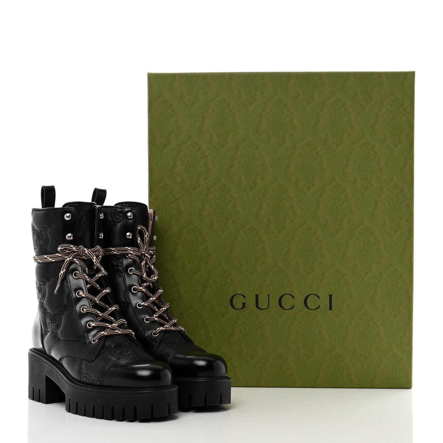 Gucci Cordovan Lux Nappa GG Matelasse Lace Up 60mm Combat Boots 37.5 Black 15 of 15