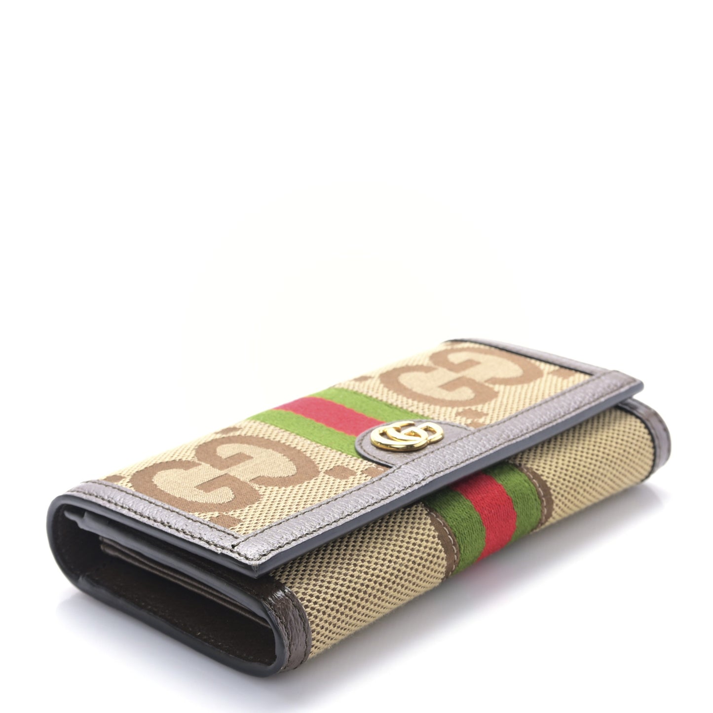 Monogram Jumbo GG Textured Dollar Calfskin Web Ophidia Continental Wallet Camel Ebony New Acero