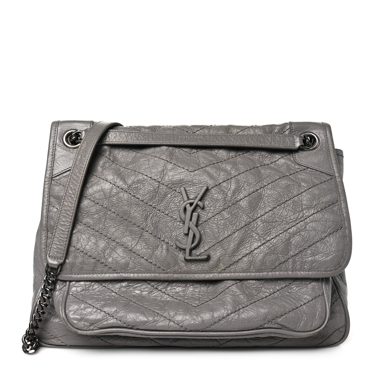 Crinkled Calfskin Matelasse Monogram Large Niki Chain Satchel Fog