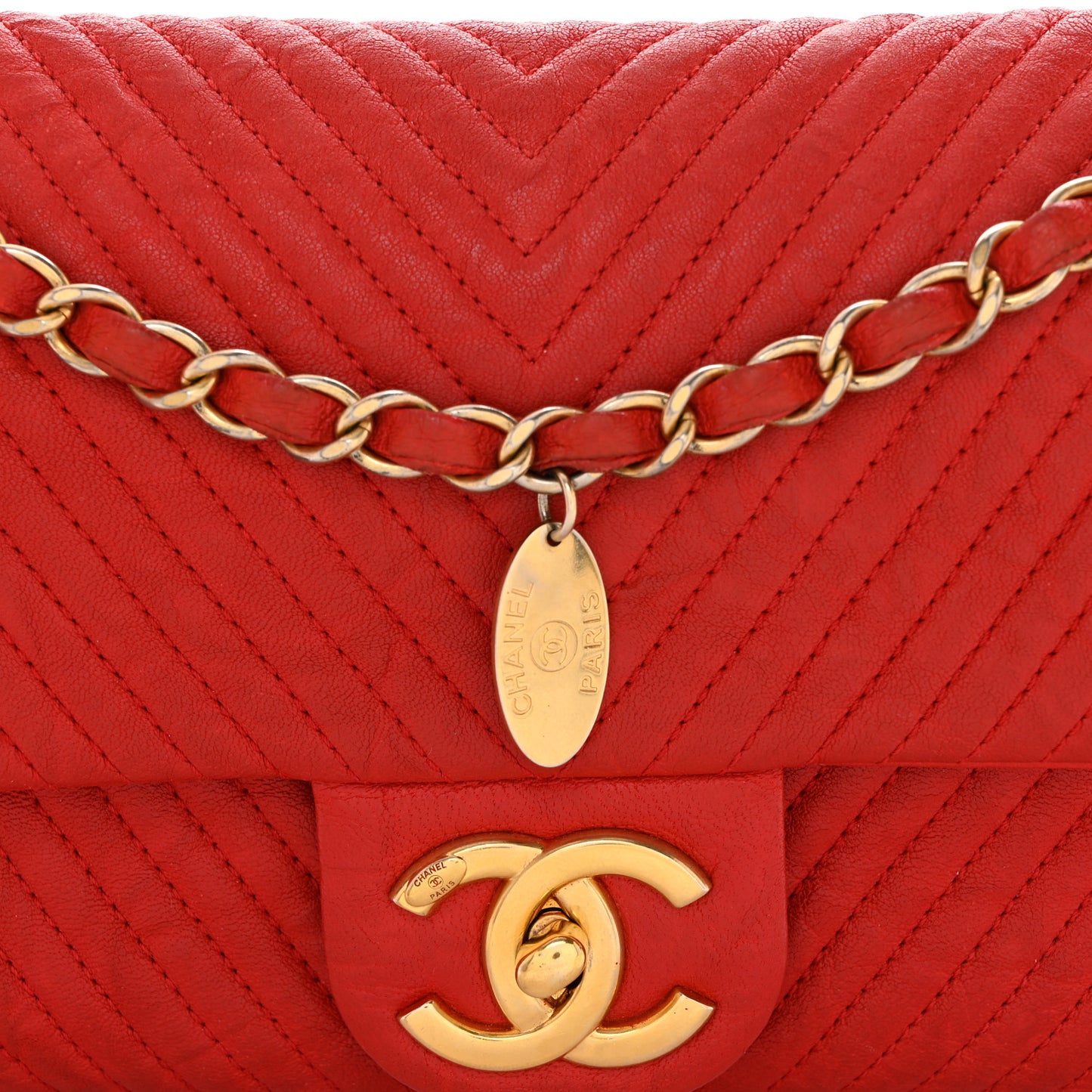 Wrinkled Lambskin Chevron Quilted Medium Flap Red