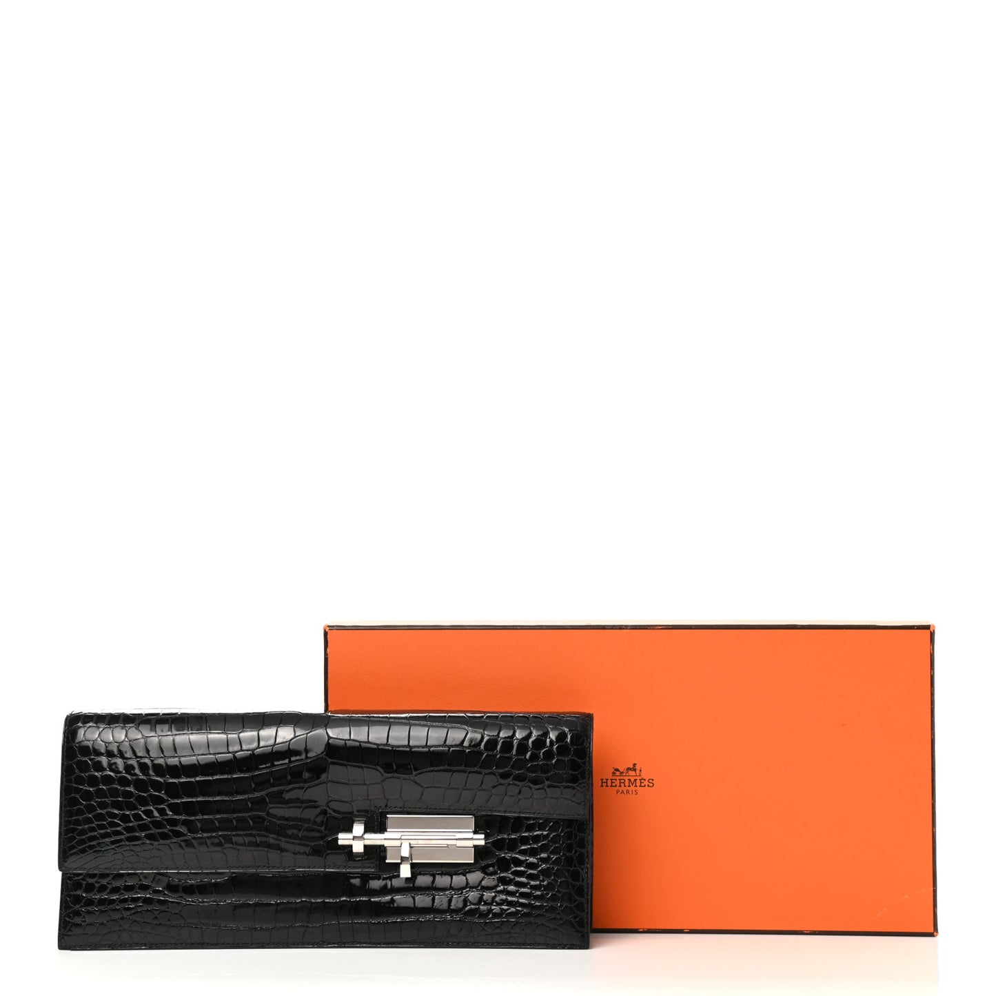 Shiny Porosus Crocodile Verrou Elan Clutch Black