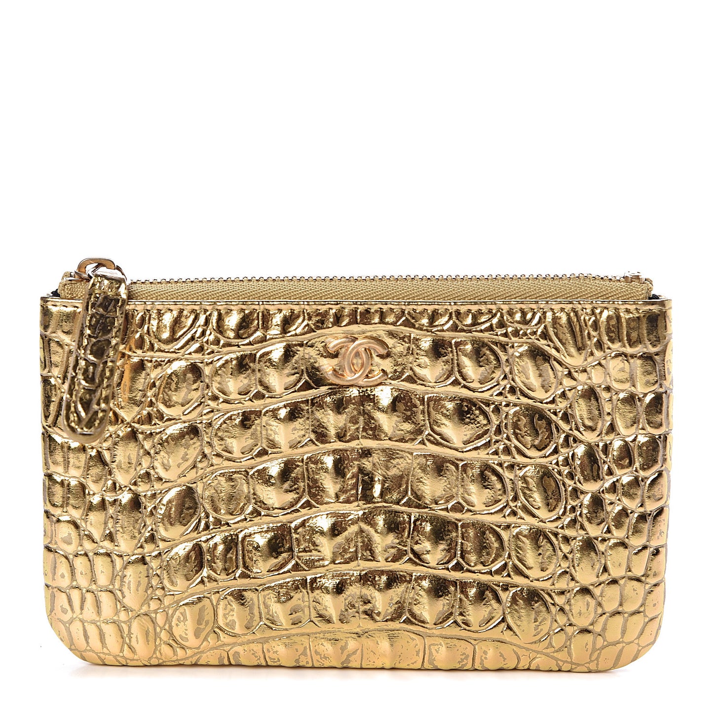 Metallic Calfskin Crocodile Embossed Cocodile Cosmetic Case Gold
