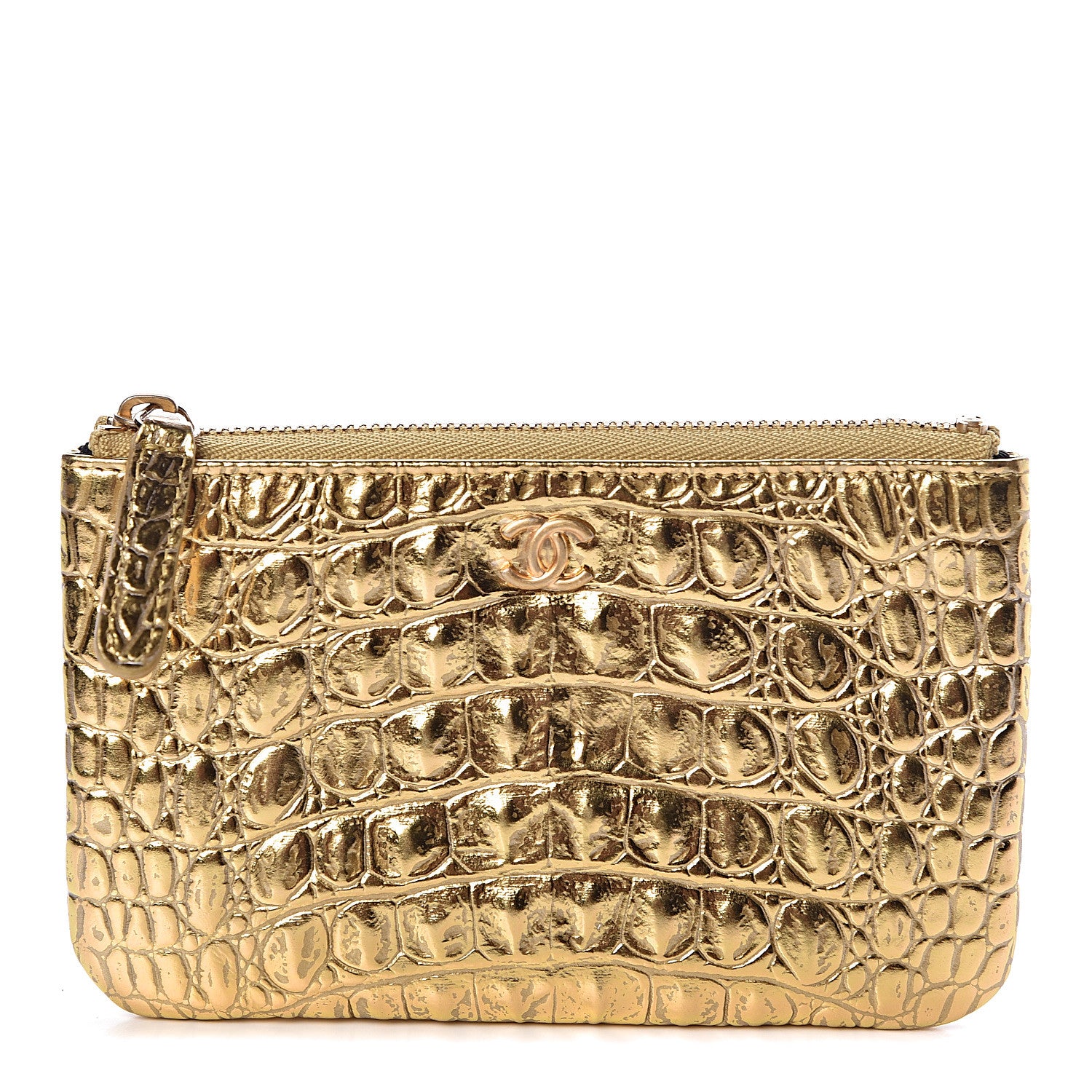 Chanel Metallic Calfskin Crocodile Embossed Cocodile Cosmetic Case Gold 1 of 8