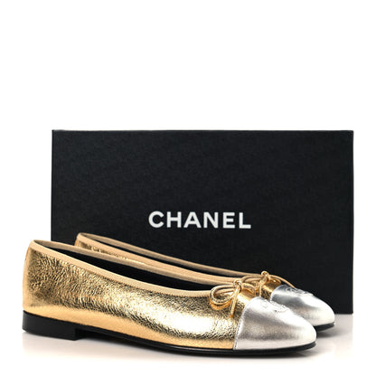Chanel Metallic Crackled Laminated Calfskin CC Cap Toe Ballerina Flats 37.5 Gold Silver 10 of 10
