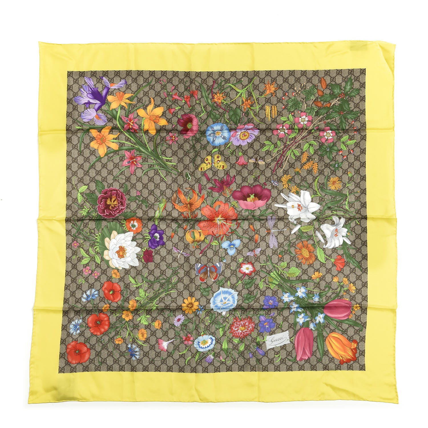 Gucci Silk Twill GG Monogram Flora Fluo GG Square Scarf Beige Yellow 1 of 4