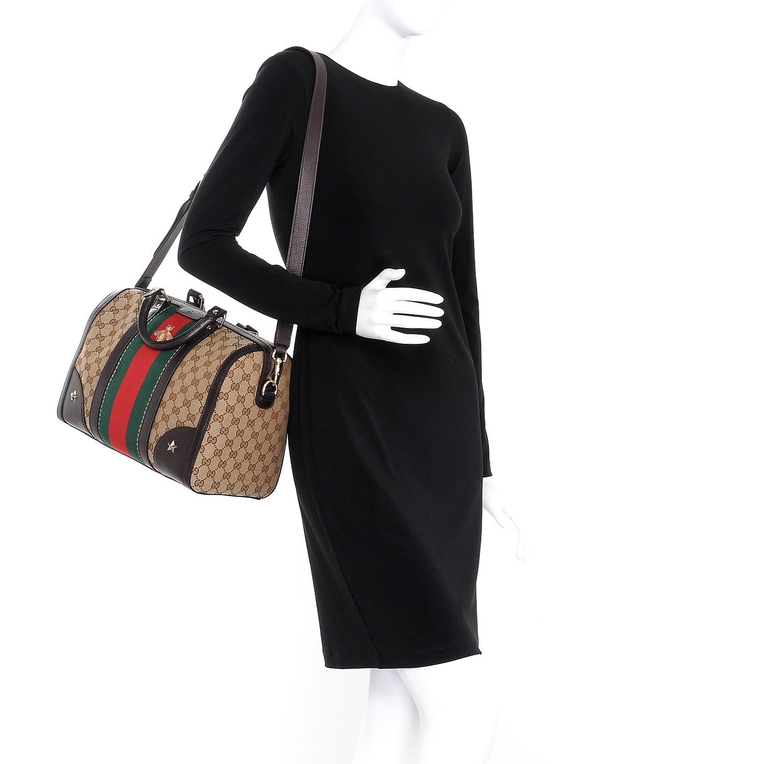 Gucci Monogram Vintage Web Medium Webby Bee Boston Dark Brown 4 of 13
