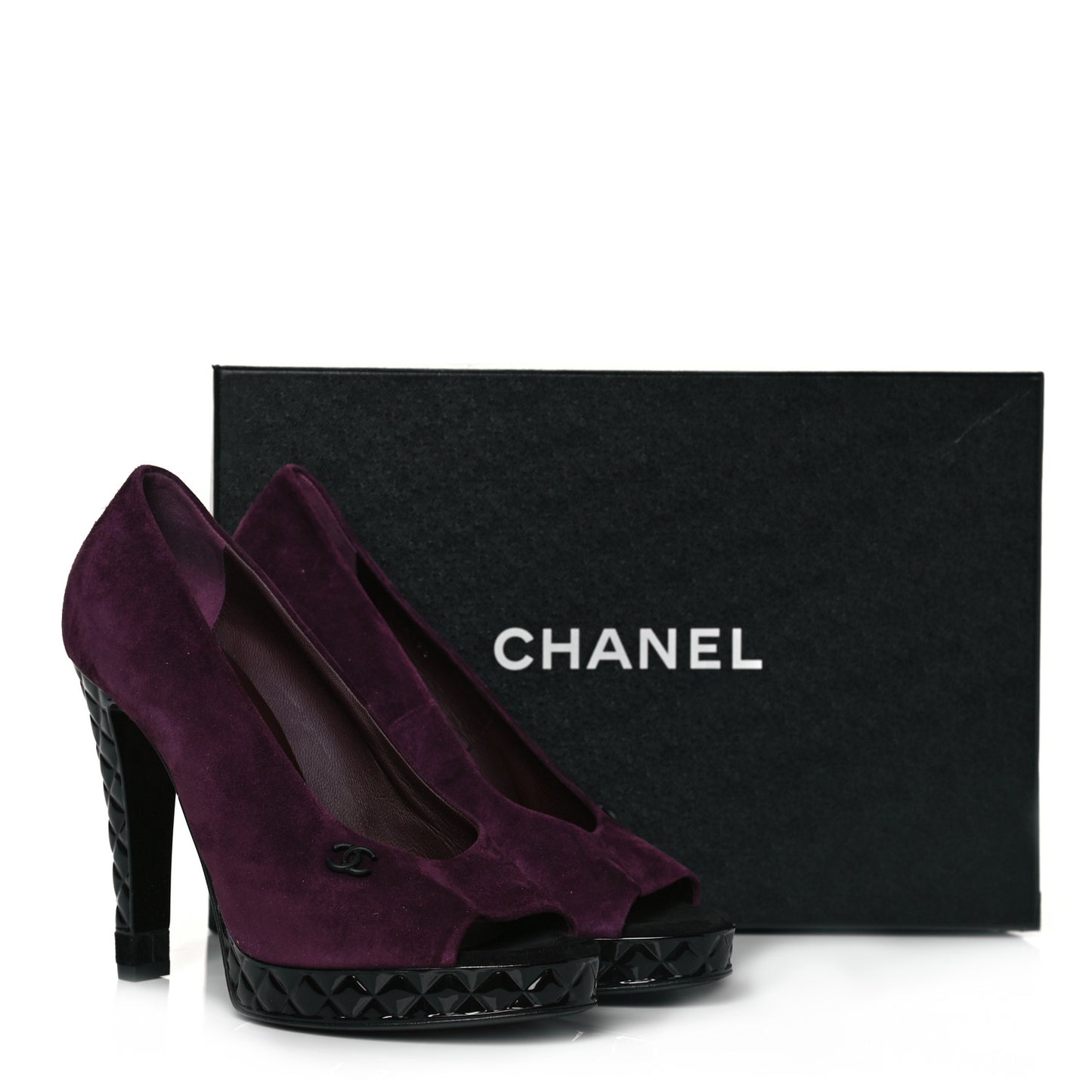 Suede Calfskin Patent Quilted CC Peep Toe Pumps 37.5 Purple