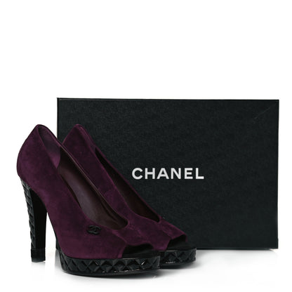 Chanel Suede Calfskin Patent Quilted CC Peep Toe Pumps 37.5 Purple 8 of 8