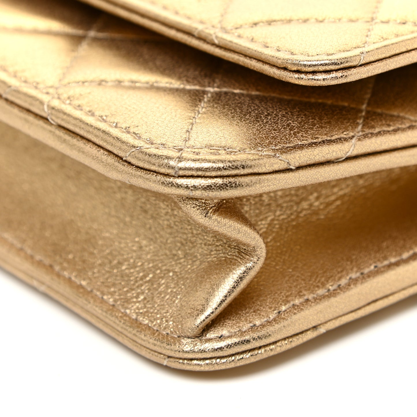 Metallic Lambskin Quilted Wallet On Chain WOC Gold
