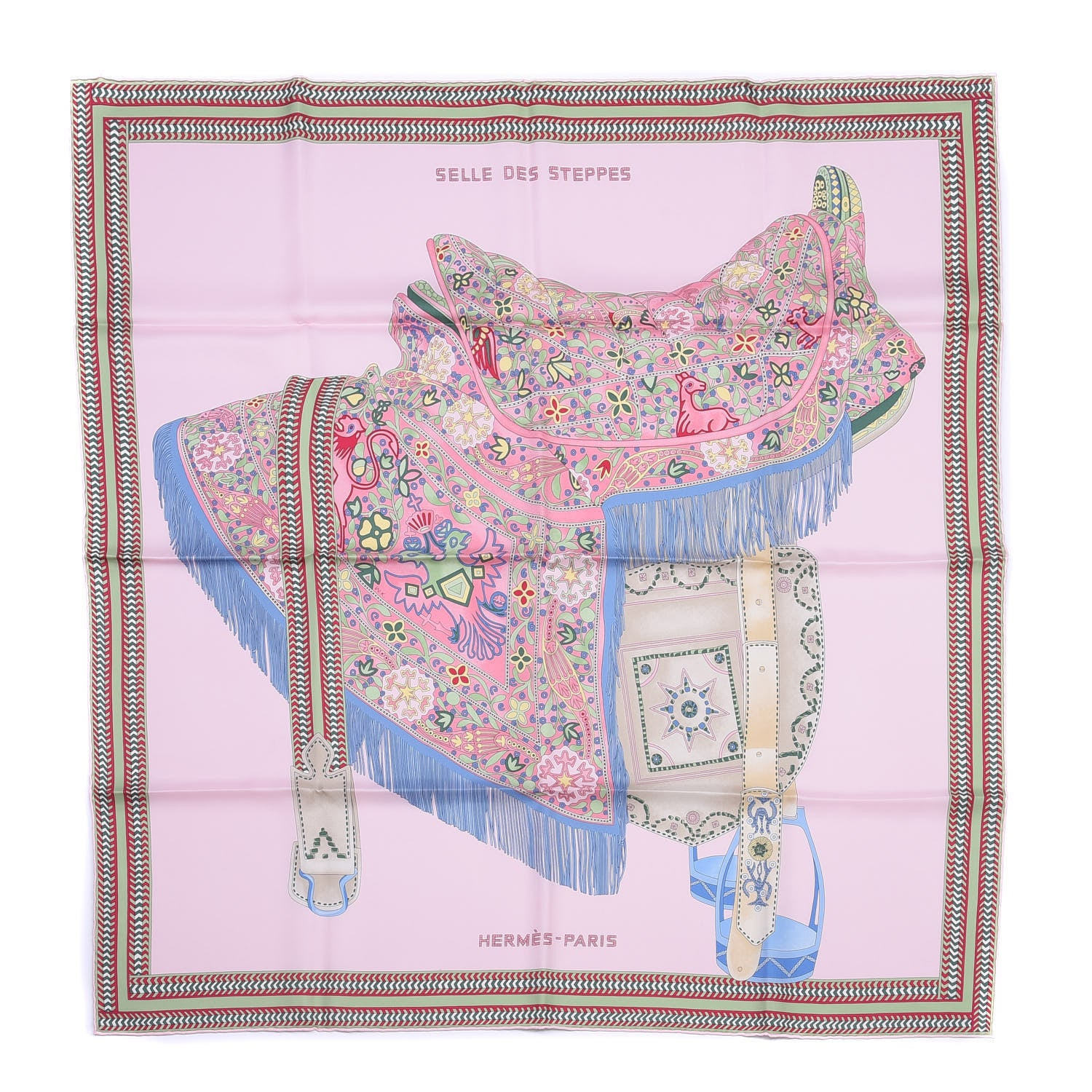 Hermes Silk Selle Des Steppes Scarf 90 Rose Pale Bleu Jean 1 of 8