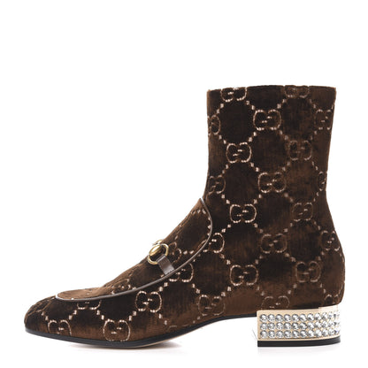 Gucci Velvet GG Monogram Crystal Horsebit Ankle Boots 42 Brown Vintage Cocoa 1 of 9