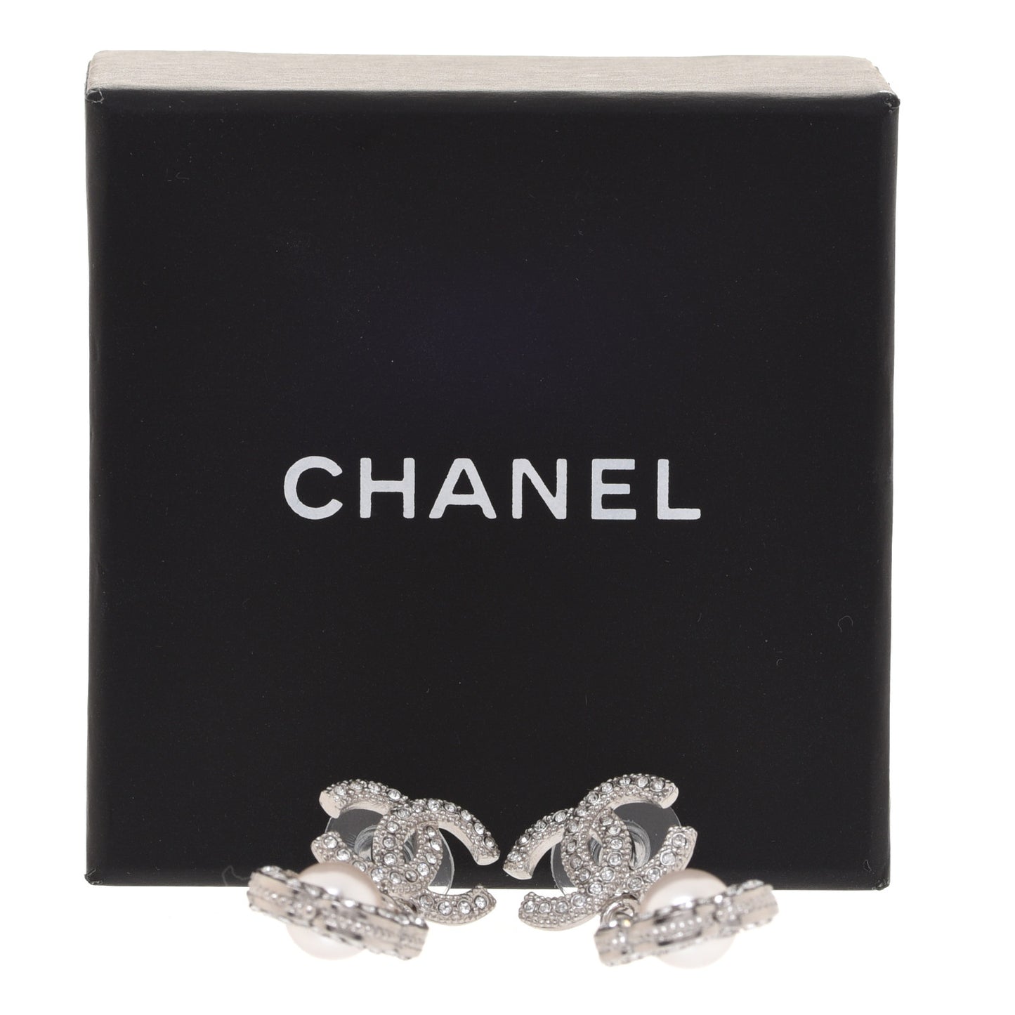 Crystal Pearl Camellia CC Coco Flapper Drop Earrings Silver