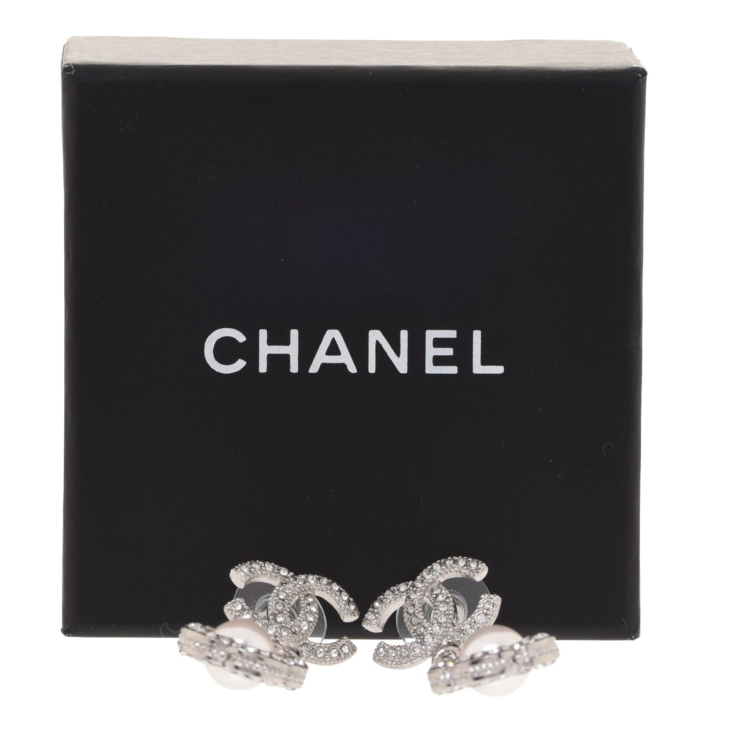 Chanel Crystal Pearl Camellia CC Coco Flapper Drop Earrings Silver 5 of 5