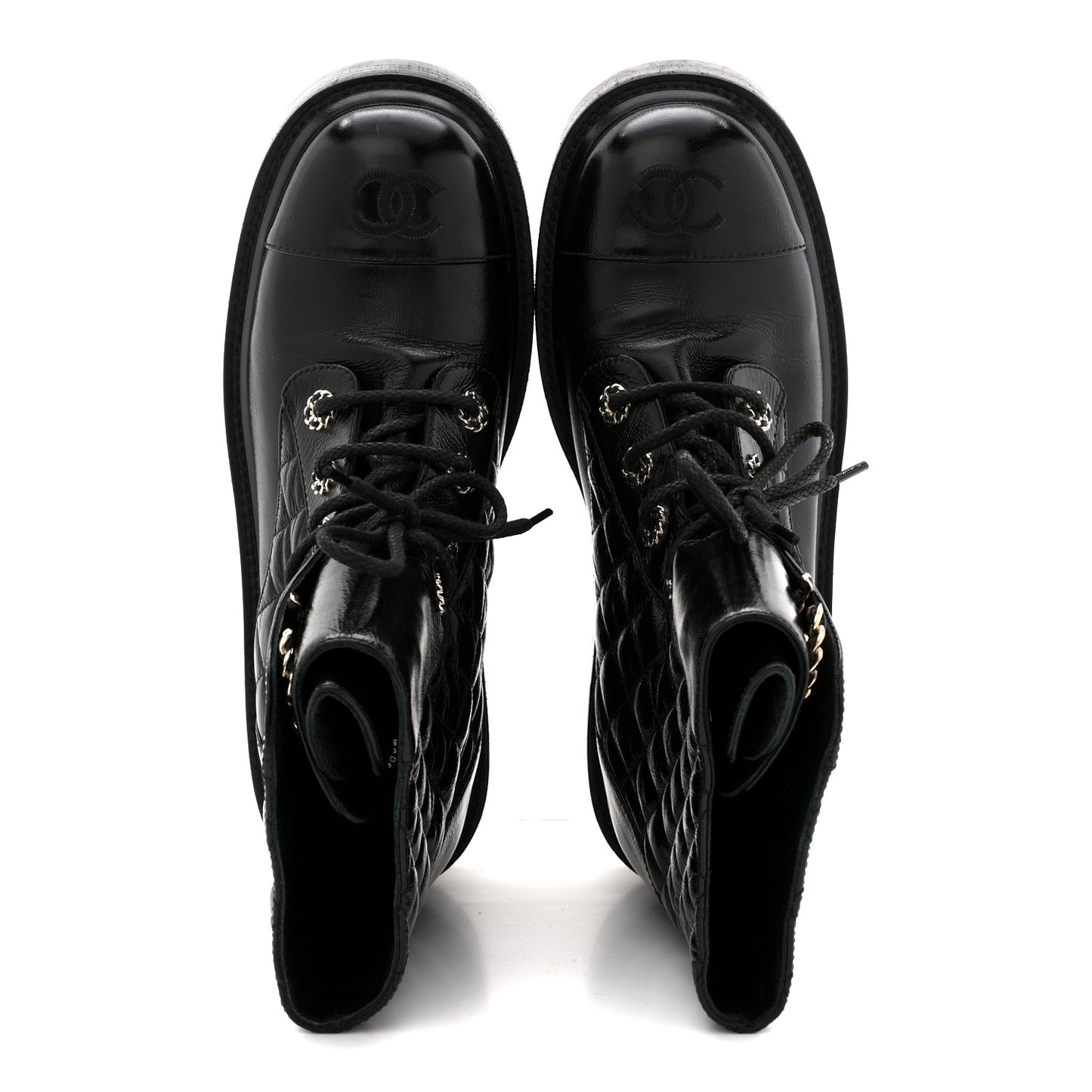 Shiny Goatskin Calfskin Quilted Lace Up Combat Boots 38.5 Black