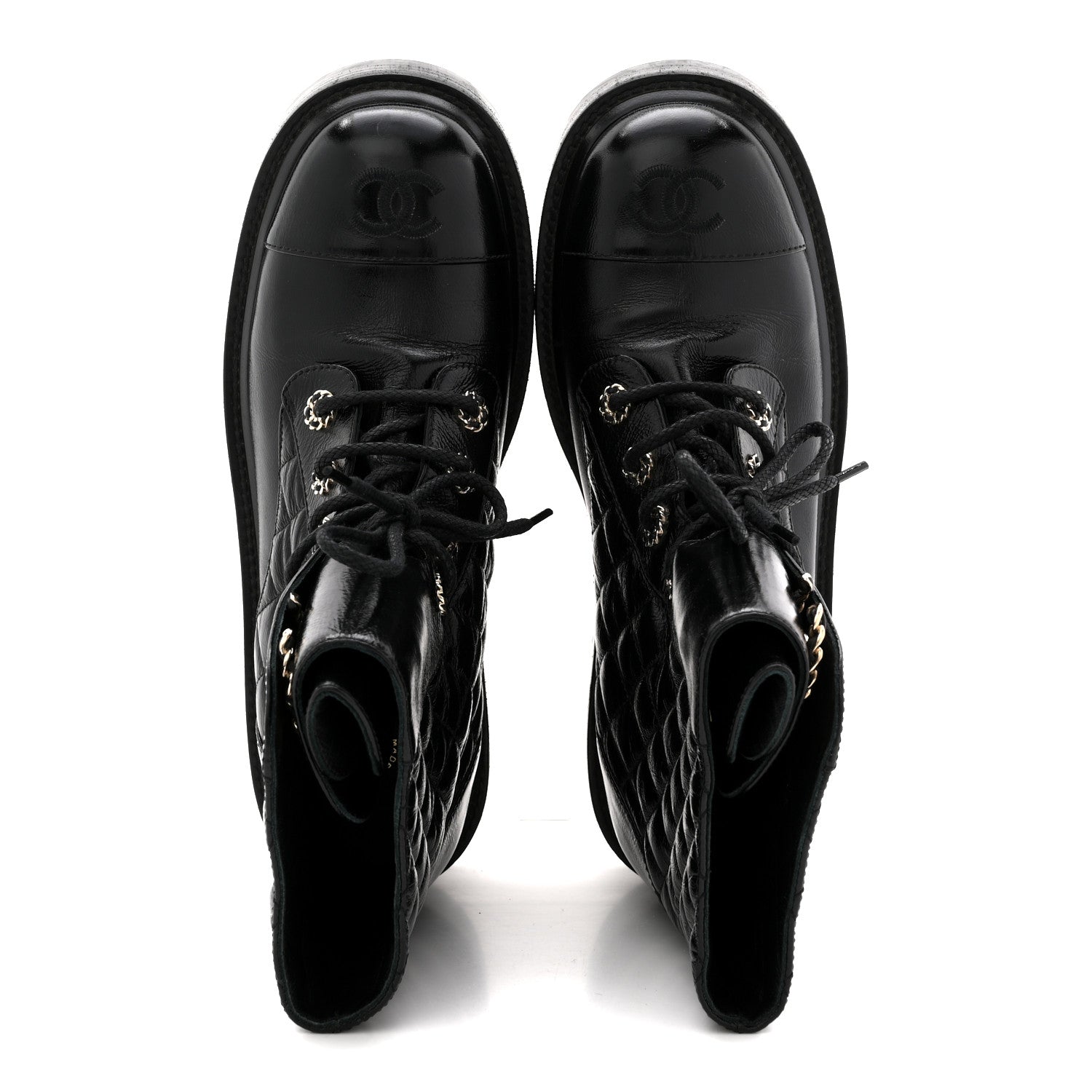 Chanel Shiny Goatskin Calfskin Quilted Lace Up Combat Boots 38.5 Black 2 of 9