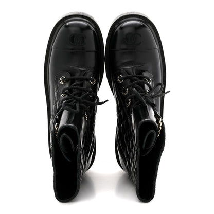 Chanel Shiny Goatskin Calfskin Quilted Lace Up Combat Boots 38.5 Black 2 of 9