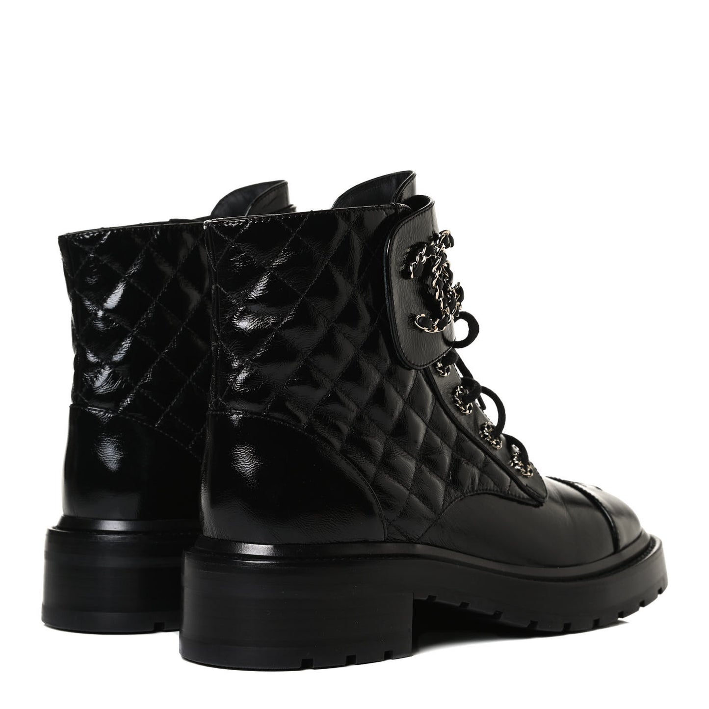 Shiny Calfskin Quilted Lace Up Combat Boots 38.5 Black