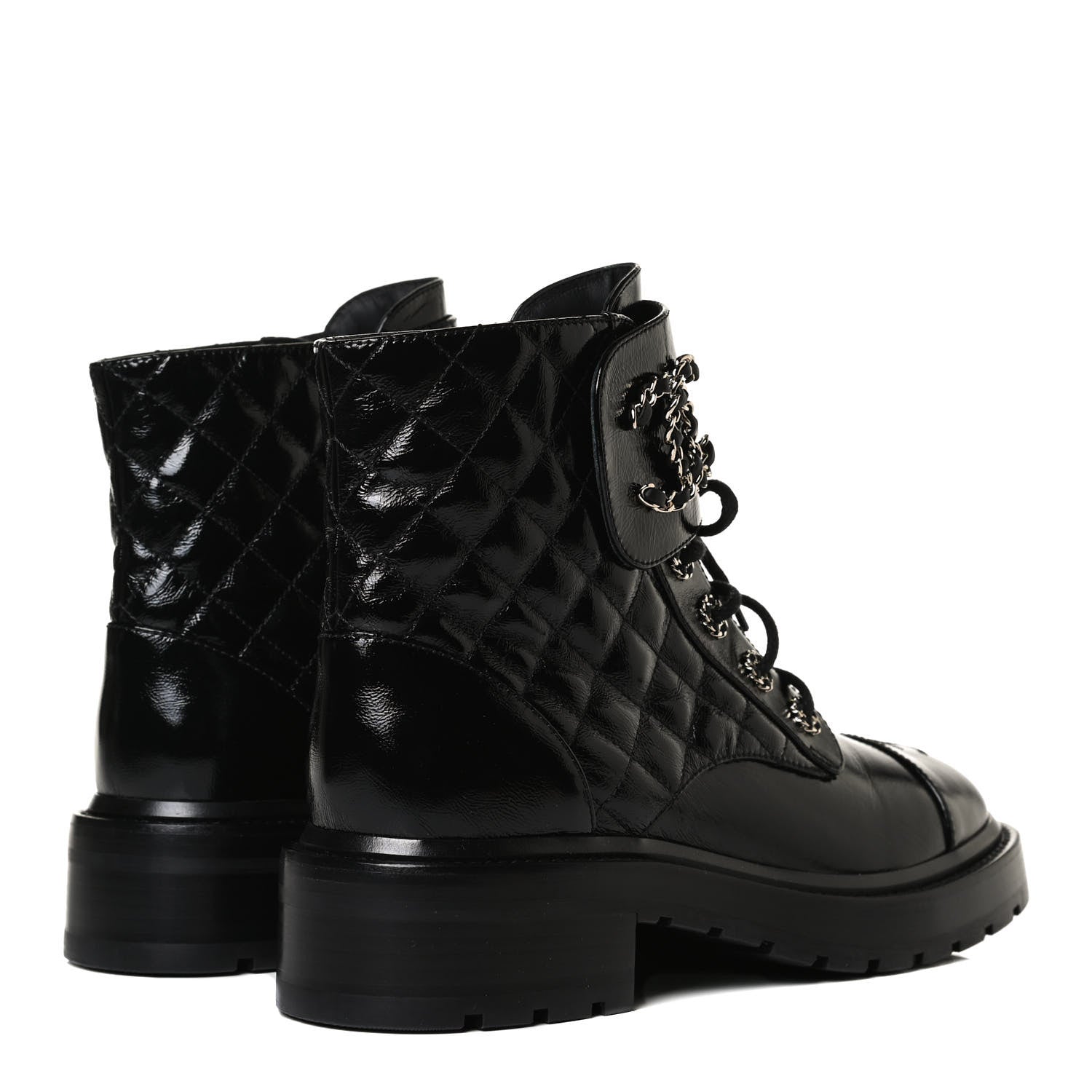 Chanel Shiny Calfskin Quilted Lace Up Combat Boots 38.5 Black 4 of 14