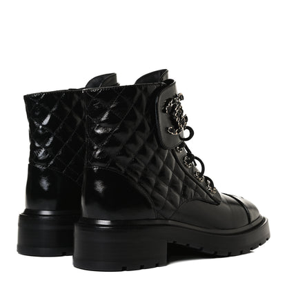Chanel Shiny Calfskin Quilted Lace Up Combat Boots 38.5 Black 4 of 14