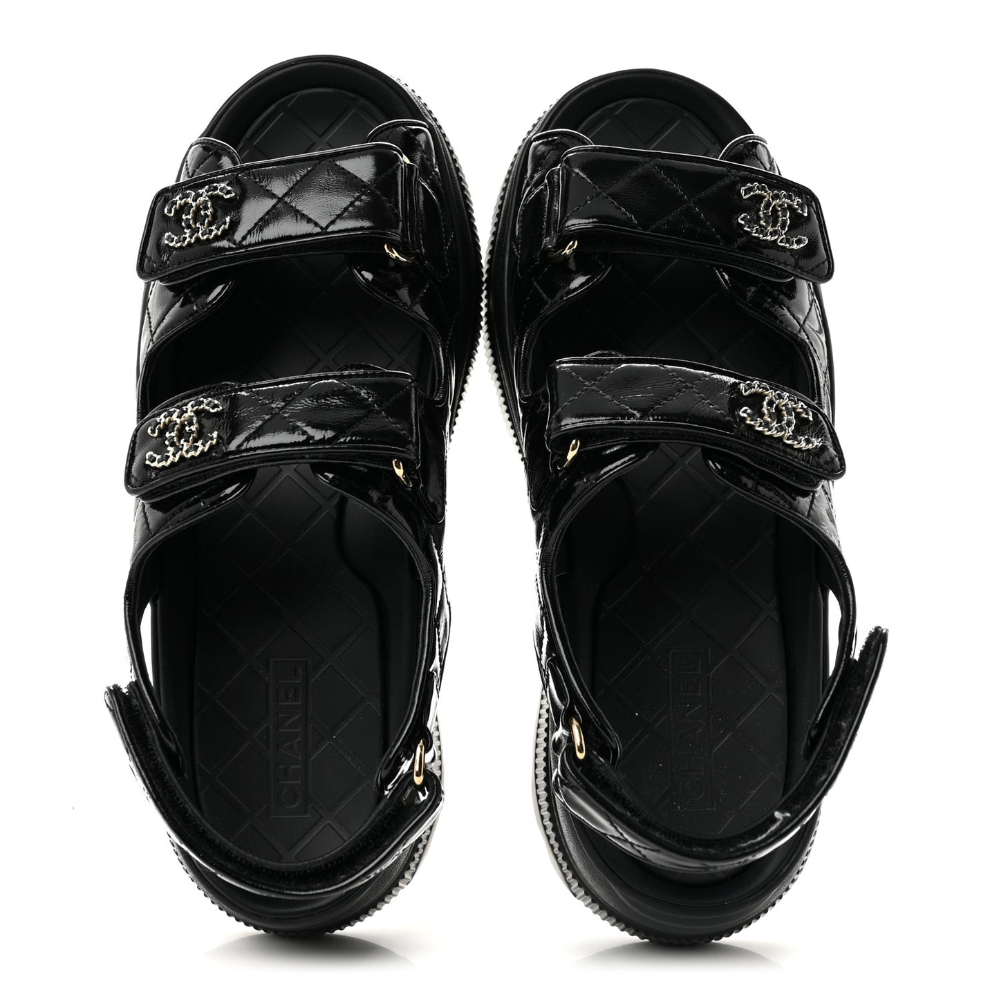 Shiny Calfskin Chain CC Velcro Dad Platform Sandals  38 Black