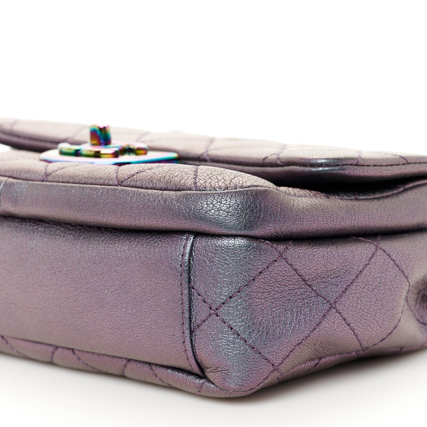 Iridescent Goatskin Quilted Small Double Carry Waist Chain Flap Purple