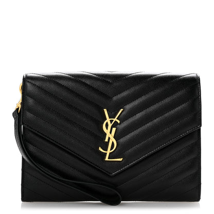 Saint Laurent Grain De Poudre Matelasse Chevron Monogram Envelope Clutch Black 1 of 12