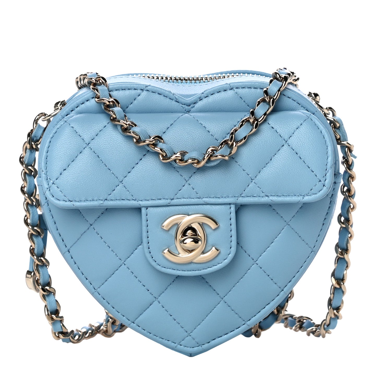 Lambskin Quilted CC In Love Heart Clutch With Chain Light Blue