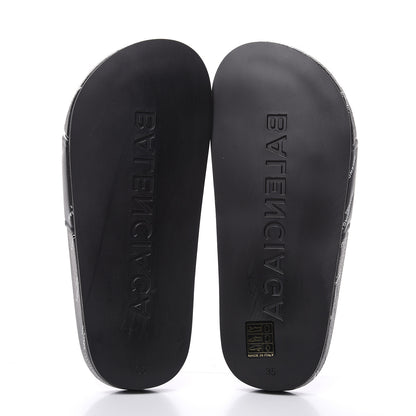Balenciaga Nappa Allover Logo Embossed Womens Pool Slide Sandals 35 Black White 5 of 9