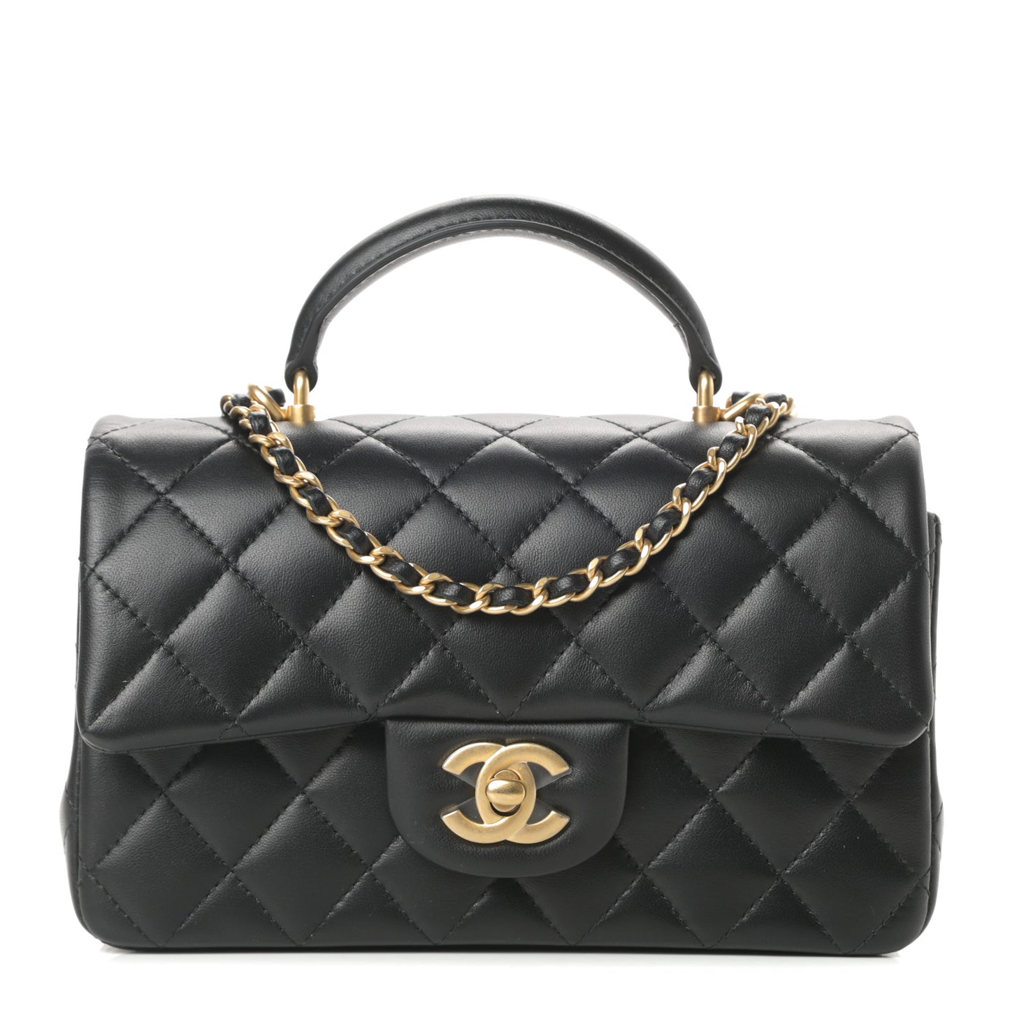 Lambskin Quilted Mini Top Handle Rectangular Flap Black