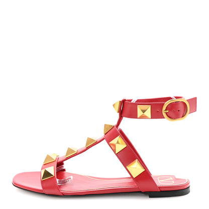 Valentino Garavani Calfskin Roman Stud Ankle Strap Flat Sandals 38.5 Rosso Valentino 1 of 9