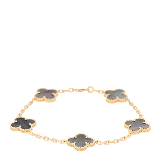 18K Yellow Gold Gray Mother of Pearl 5 Motifs Vintage Alhambra Bracelet