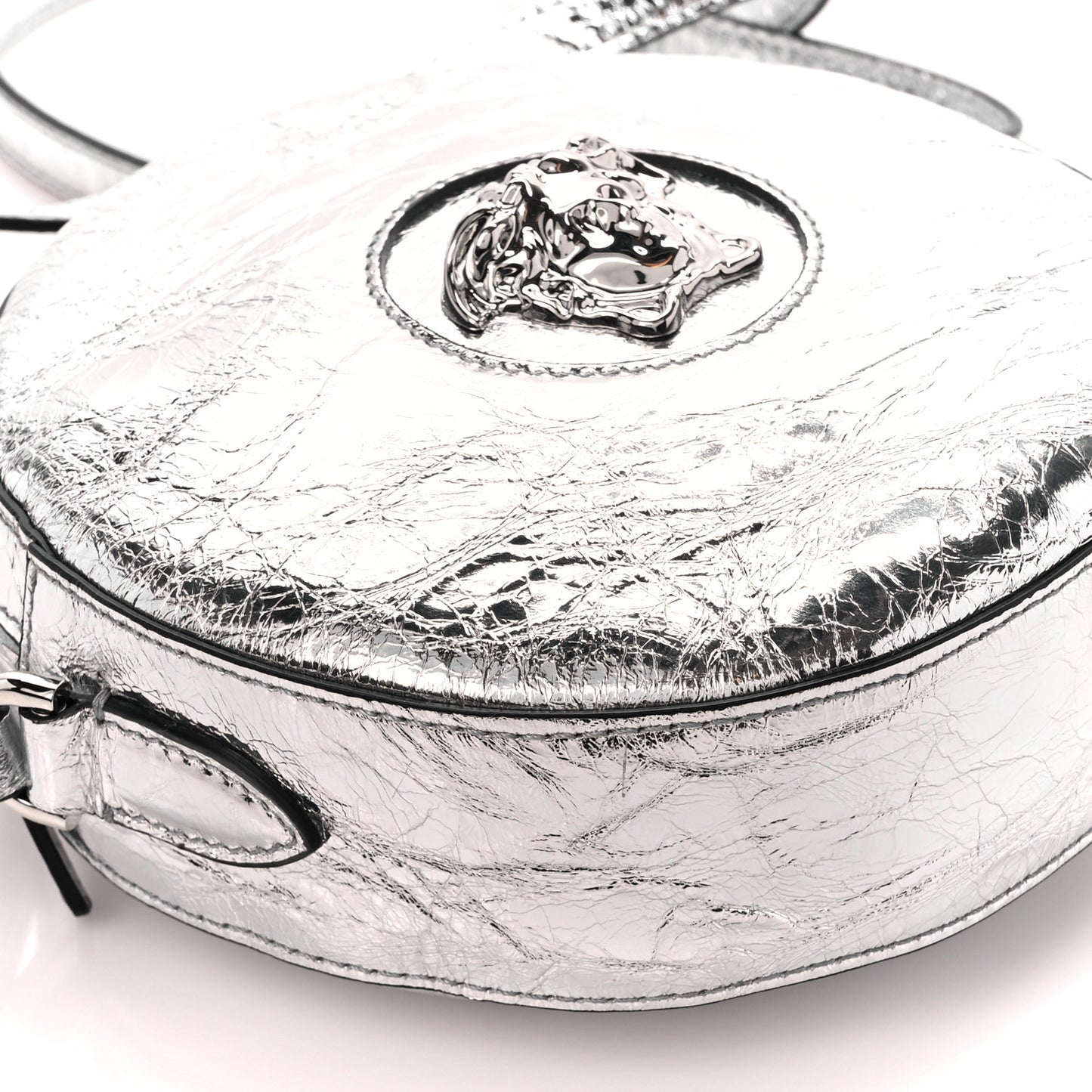 Metallic Crackled Lambskin La Medusa Disco Round Crossbody Silver