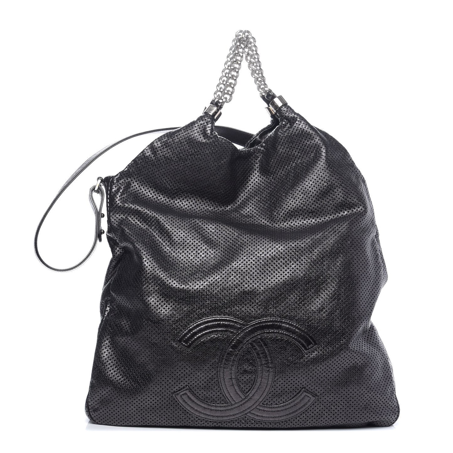 Glazed Calfskin Perforated Large Rodeo Drive Tote Black