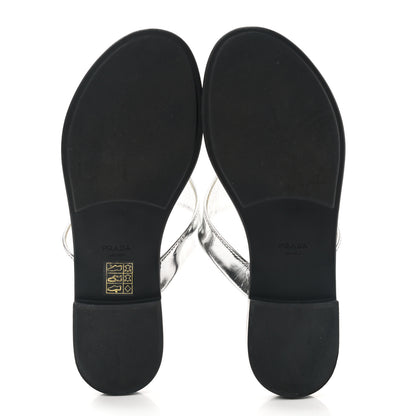 Prada Metallic Calfskin Logo Thong Sandals 37 Silver 5 of 7