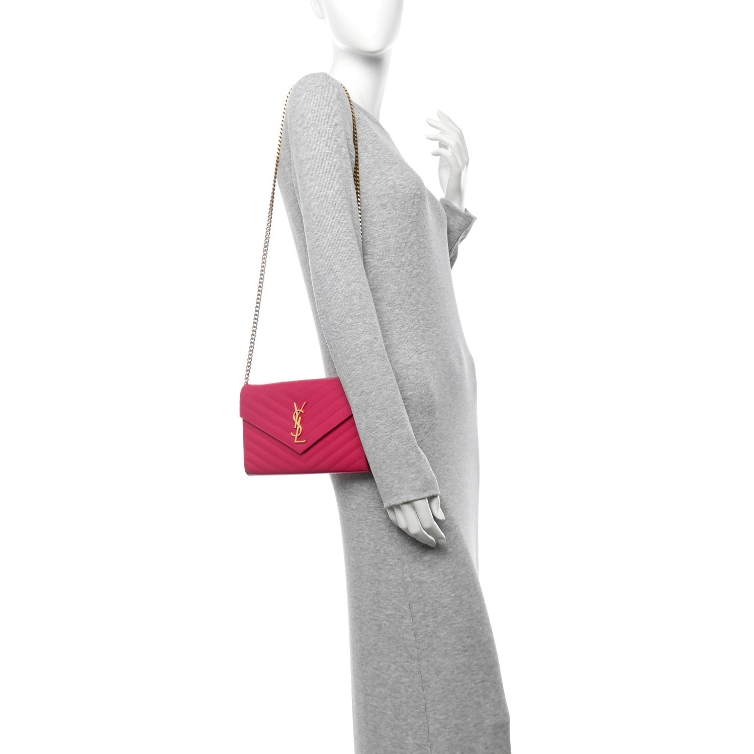 Saint Laurent Grain De Poudre Matelasse Chevron Monogram Chain Wallet Hot Pink 2 of 10