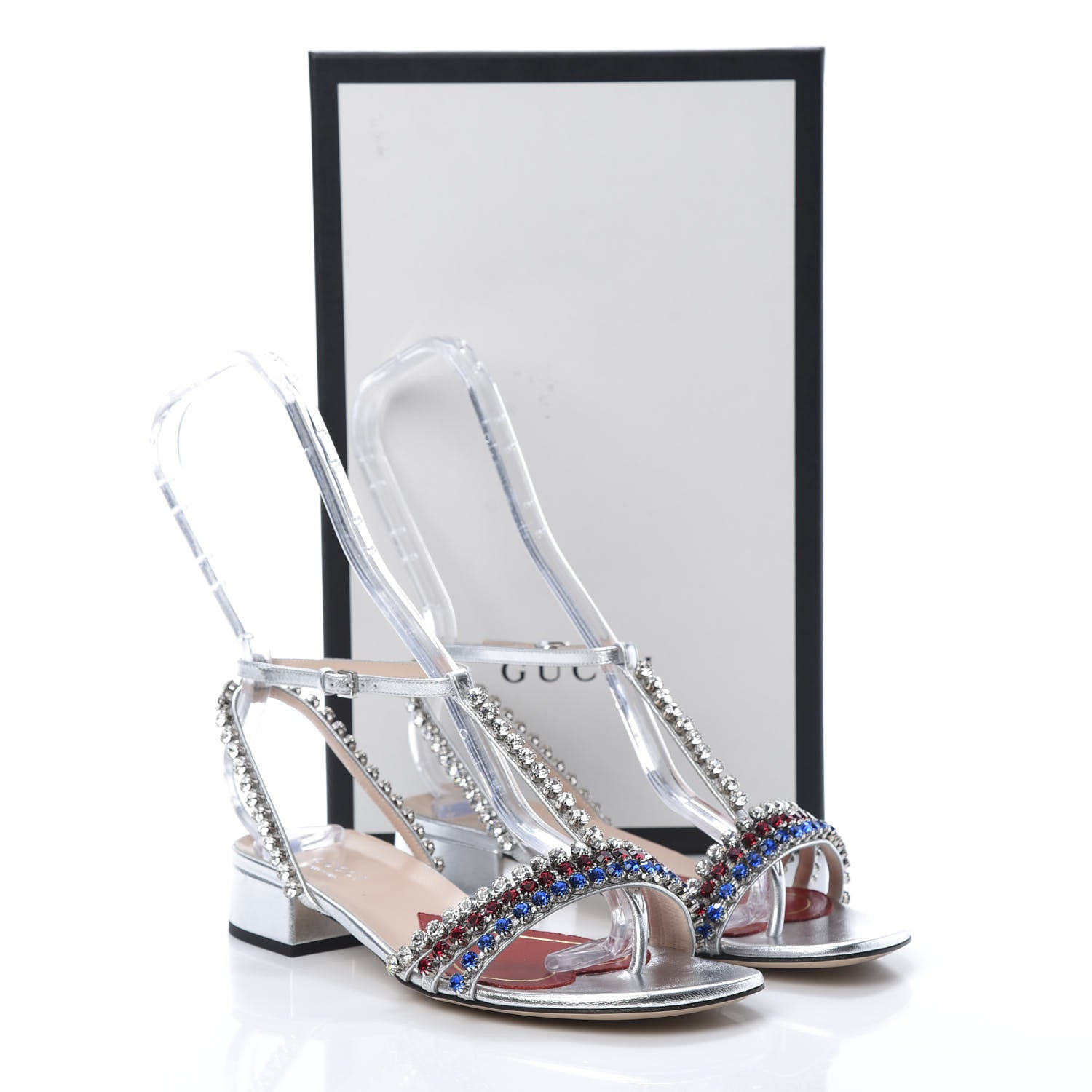 Gucci Nappa Silk Crystal Bertie T-Strap Low Heel Sandals 36 Argento 8 of 8