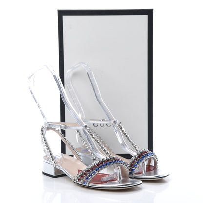 Gucci Nappa Silk Crystal Bertie T-Strap Low Heel Sandals 36 Argento 8 of 8