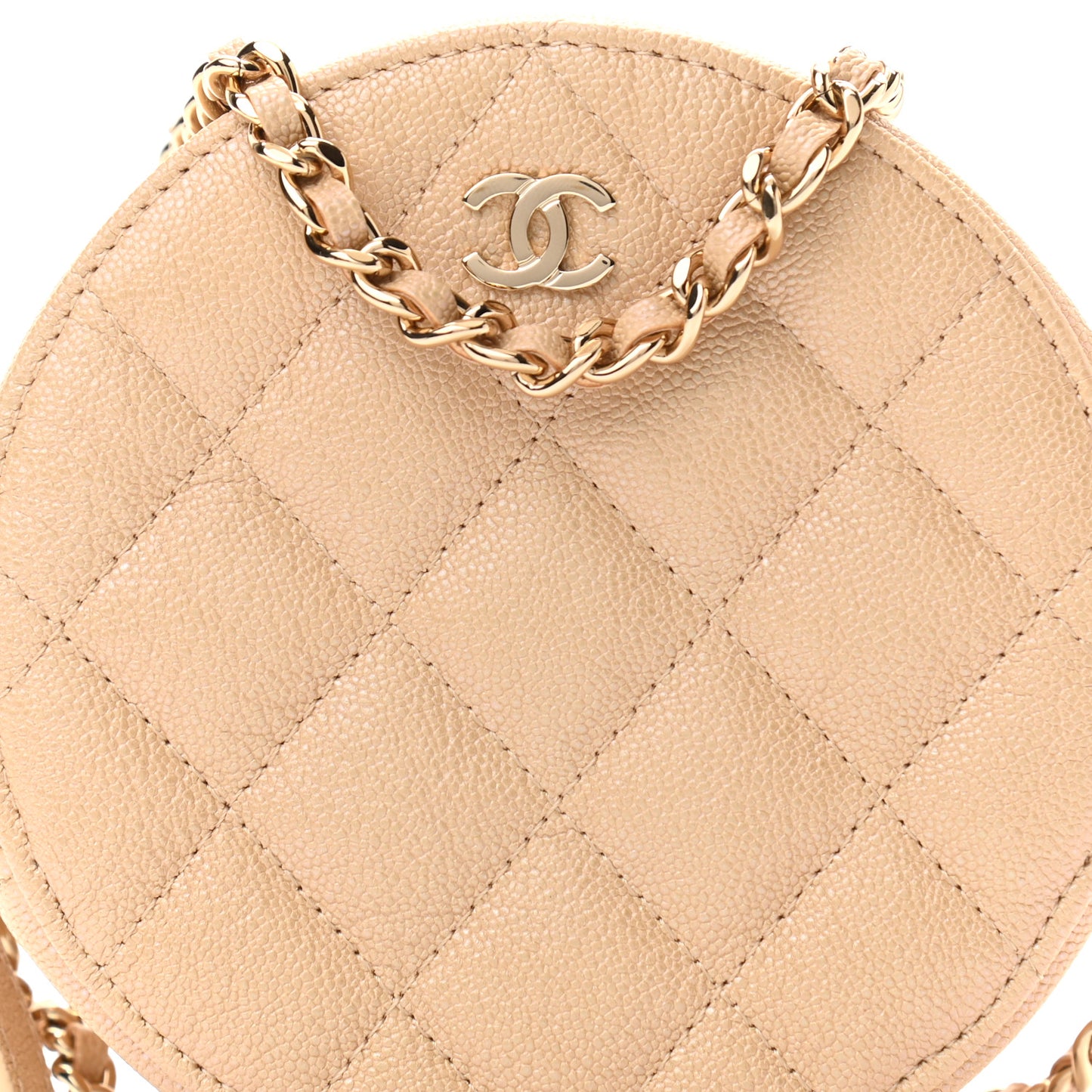 Iridescent Caviar Quilted Round Clutch With Chain Beige
