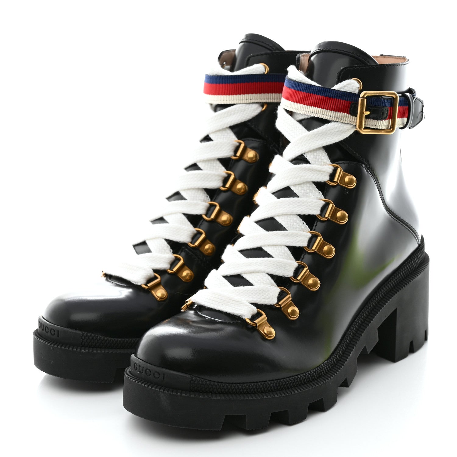 Gucci Calfskin Sylvie Web Womens Lace Up Combat Boots 38 Black 3 of 9