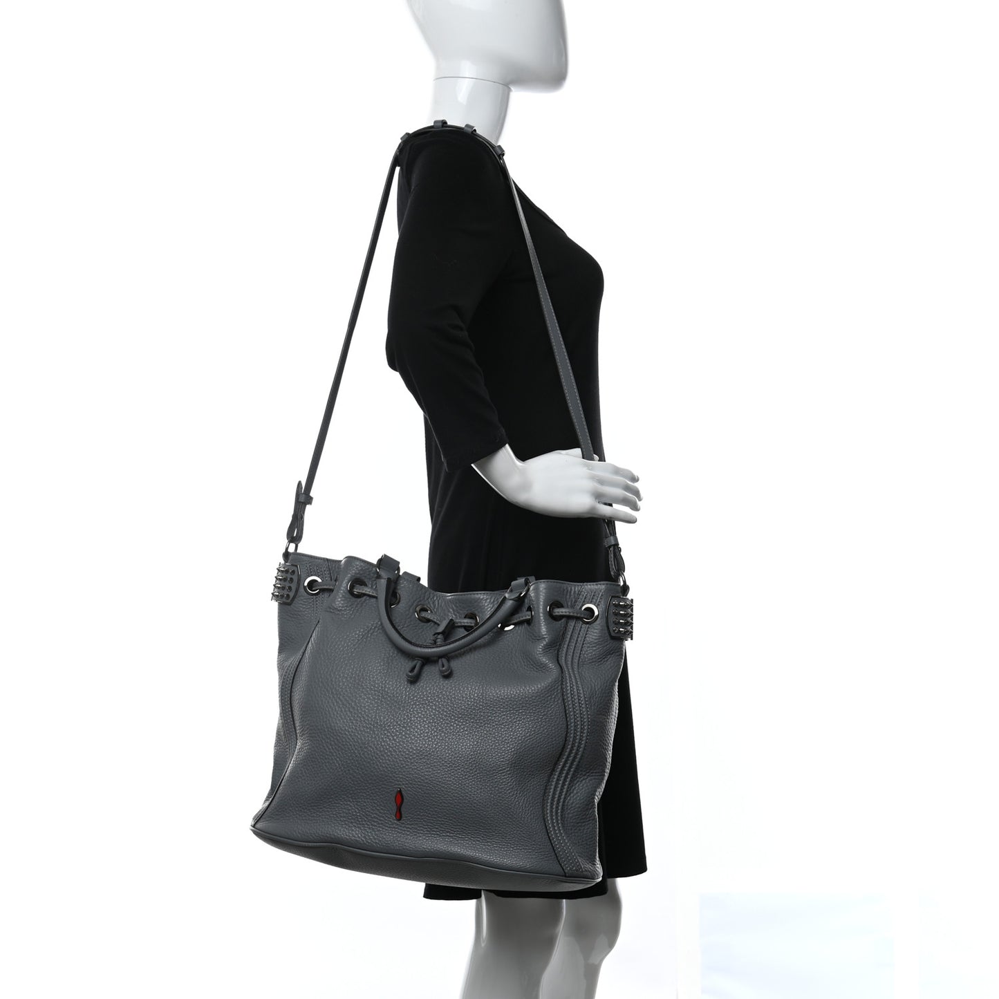 Pebbled Calfskin Spiked Dompteuse Bucket Bag Grey
