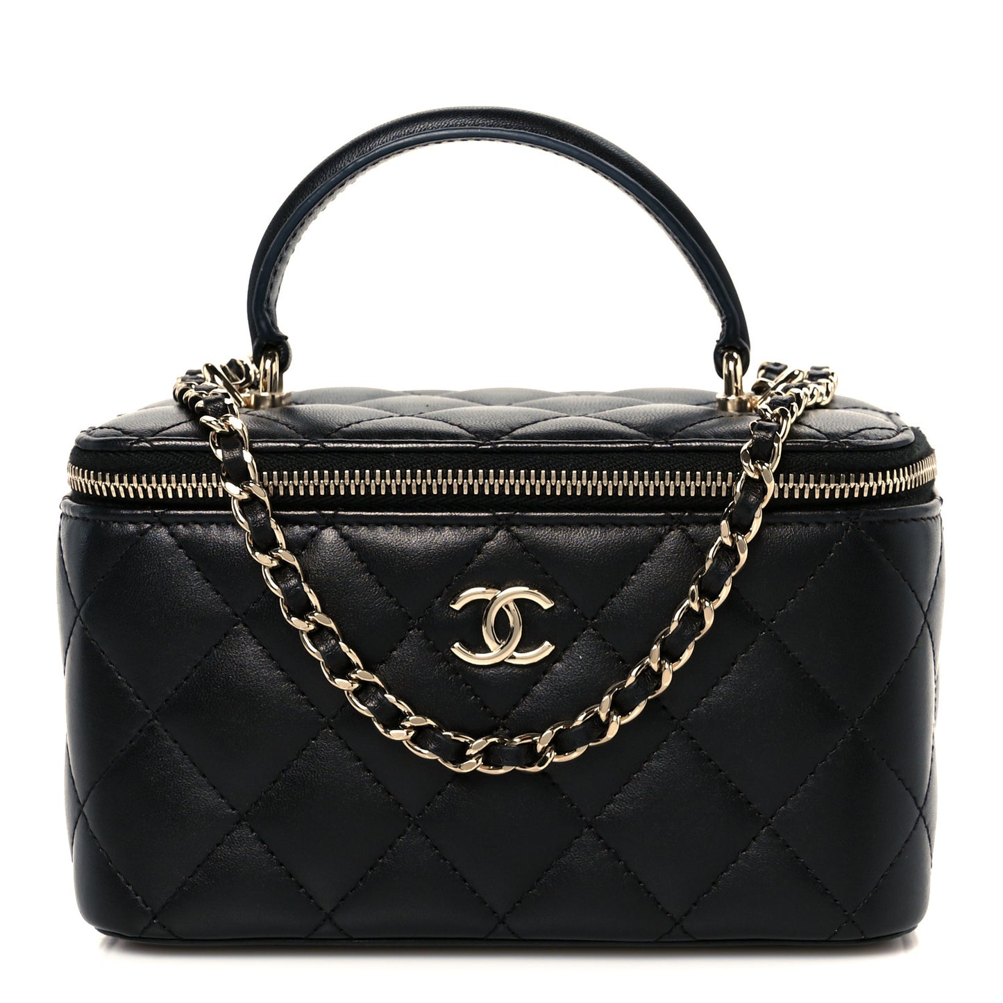 Lambskin Quilted Small Top Handle Vanity Case With Chain Black
