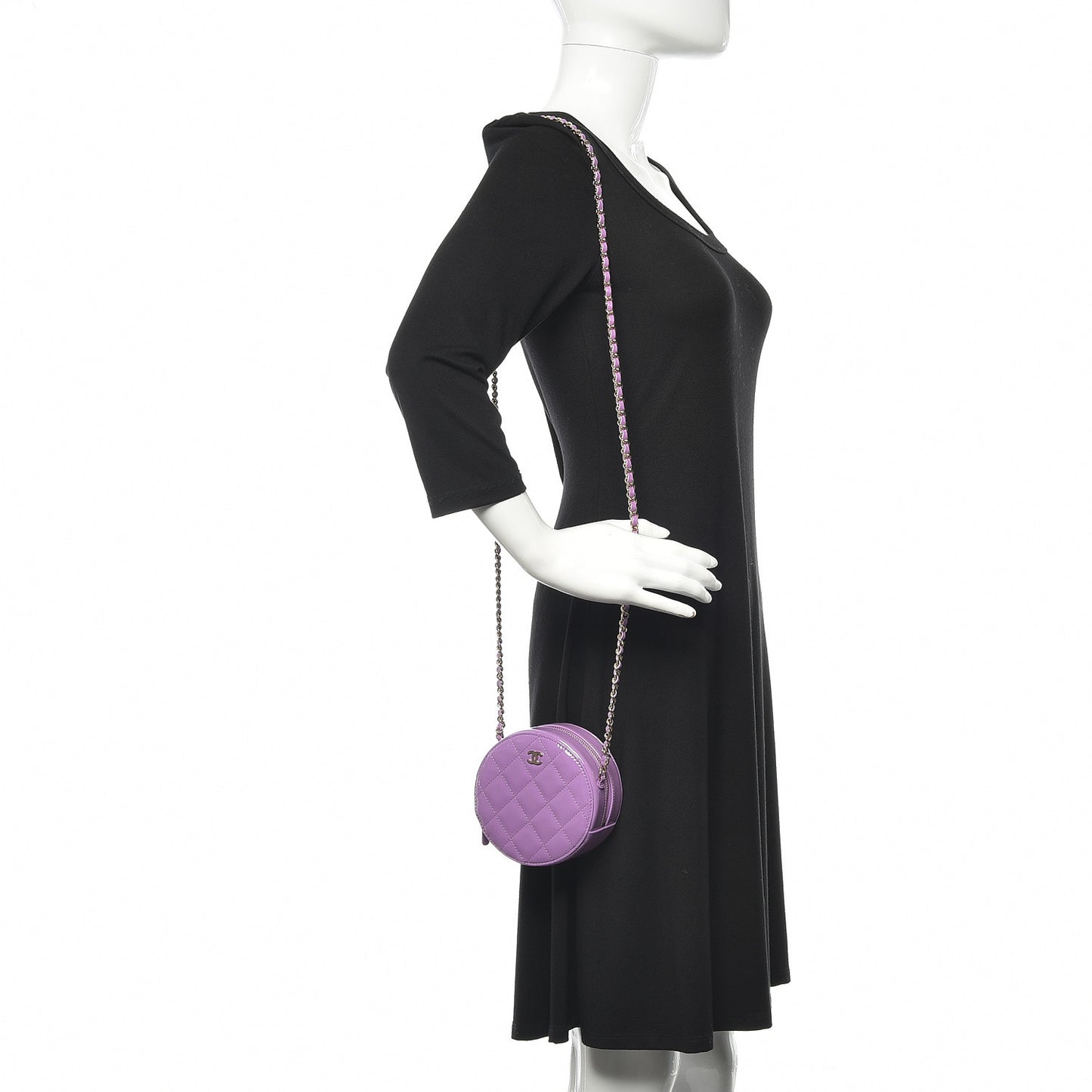 Patent Quilted Round Clutch With Chain Purple