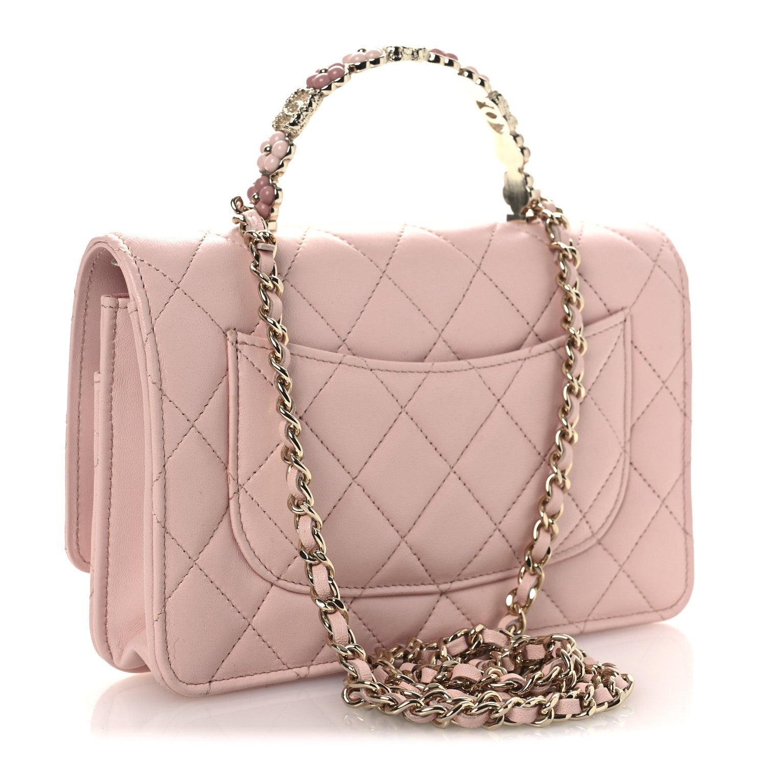Chanel Lambskin Quilted Metal Enamel Flower Top Handle Wallet On Chain WOC Light Pink 3 of 13