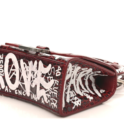 Balenciaga Crocodile Embossed Calfskin Graffiti Hourglass Top Handle Bag XS Dark Red White 9 of 9
