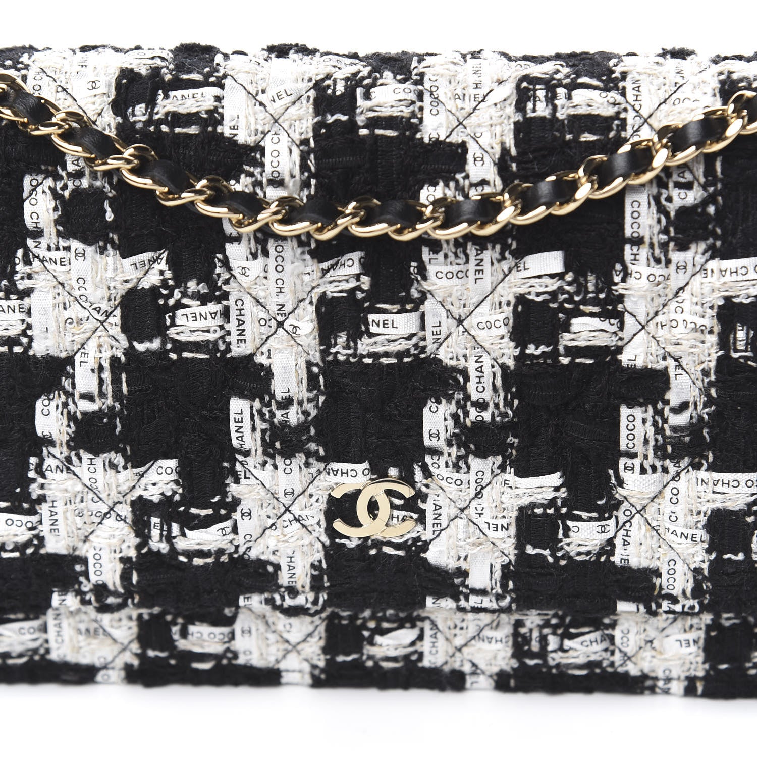 Chanel Tweed Quilted Wallet On Chain WOC Black Ecru White 10 of 11