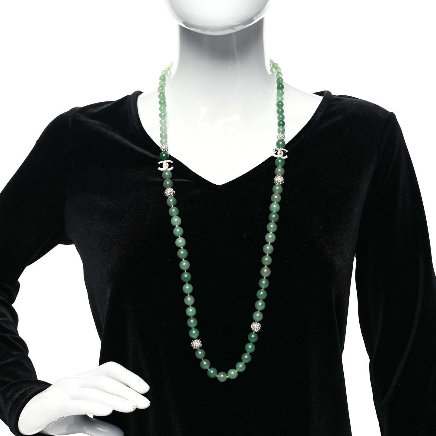 Beaded Crystal CC Long Necklace Silver