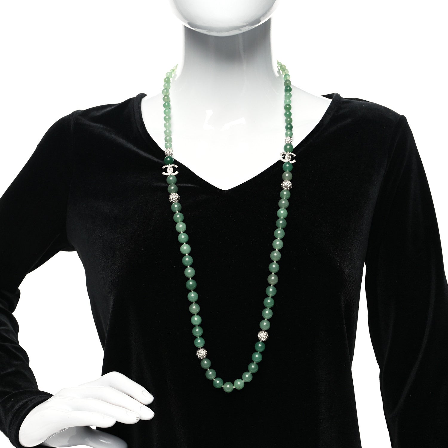Chanel Beaded Crystal CC Long Necklace Silver 2 of 5