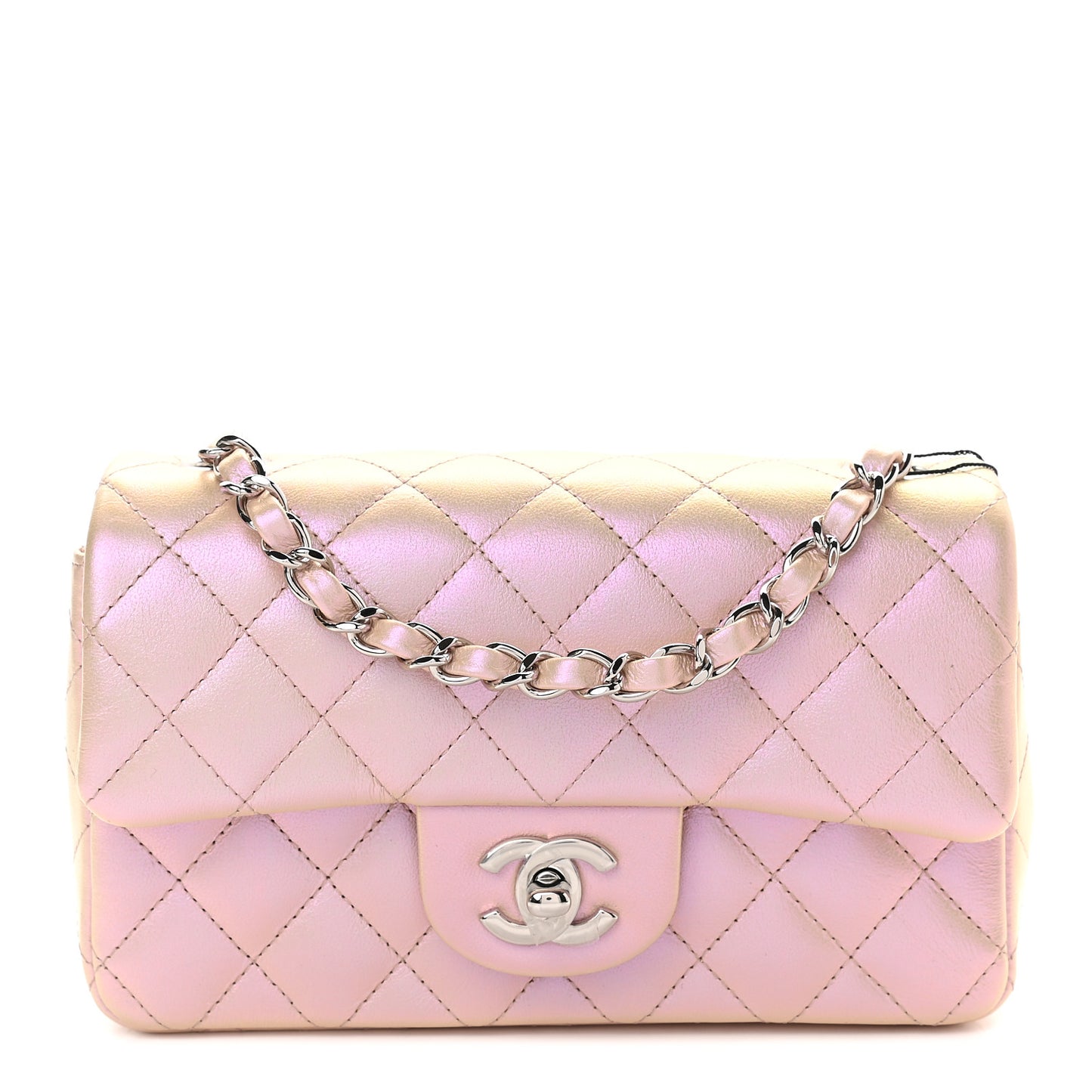 Iridescent Lambskin Quilted Mini Rectangular Flap Pink