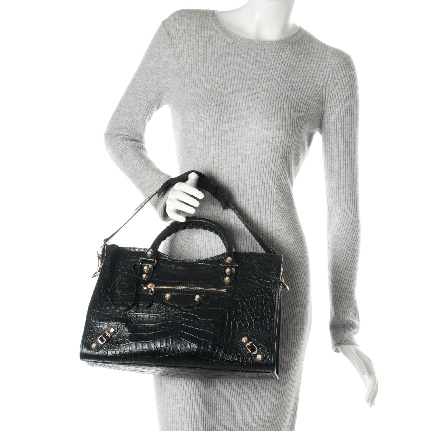 Balenciaga Calfskin Crocodile Embossed Giant 12 Gold Hardware City Black 2 of 7